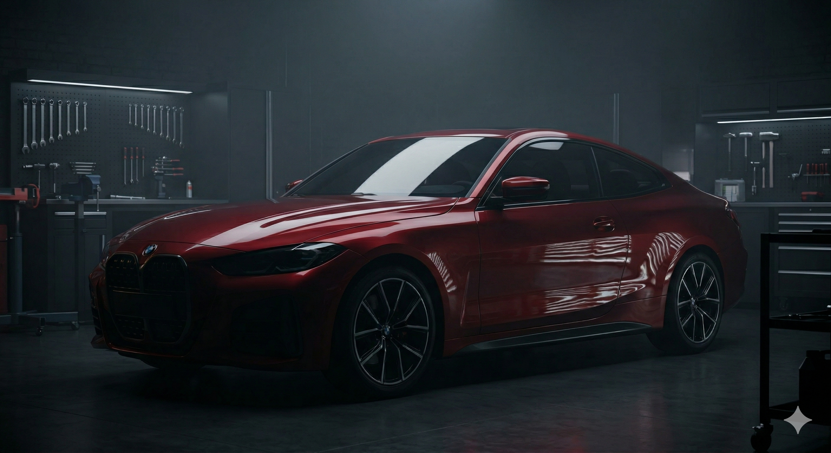 Red car in a professional workshop with dramatic lighting